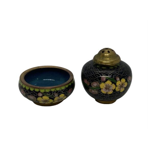 Vintage Set Chinese Black Cloisonné Salt Cellar Pepper Shaker Flowers Design - Picture 16 of 16